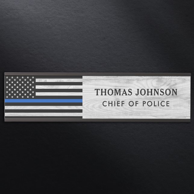Placa De Porta Thin Blue Line Policial Rustic Wood Name (Criador carregado)