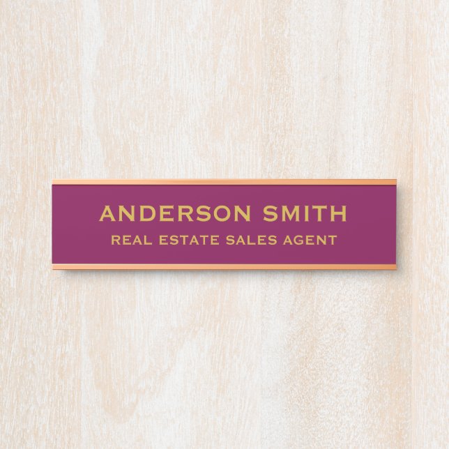 Placa De Porta Título de Nome de Escritório Dourado Burgundy Mode (Frente)