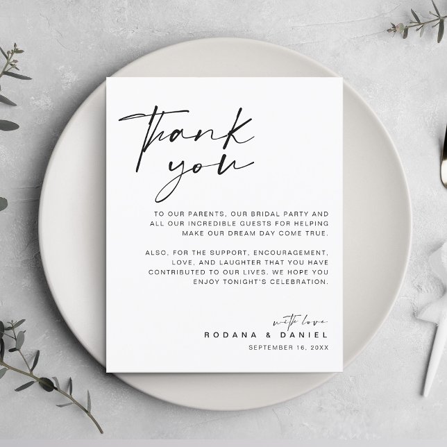 Placa de Recepção de casamento do Moderno Obrigado (Modern Script Thank You Wedding Reception Card)