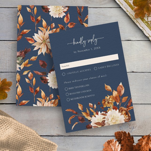 Placa de Resposta de Folga Azul marinho (Navy Blue Fall Leaves Floral Response Card by Painted Paperie
)