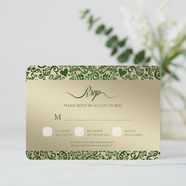 Placa de resposta RSVP de Casamento tema damasco V (Em pé/Frente)