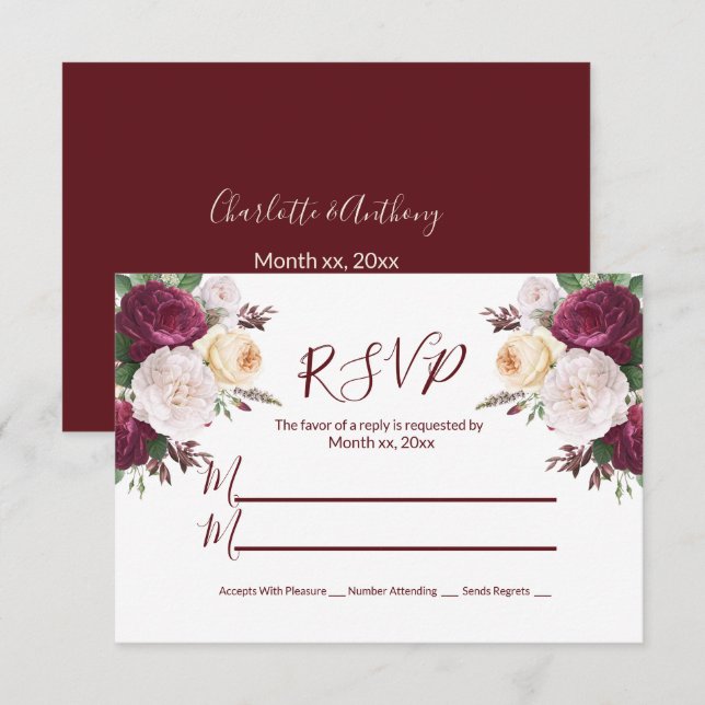 Placa de resposta RSVP Floral Elegante Burgundy (Frente/Verso)