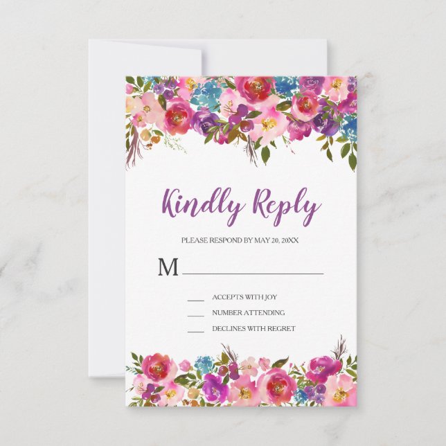Placa de Resposta RSVP Floral Roxo (Frente)
