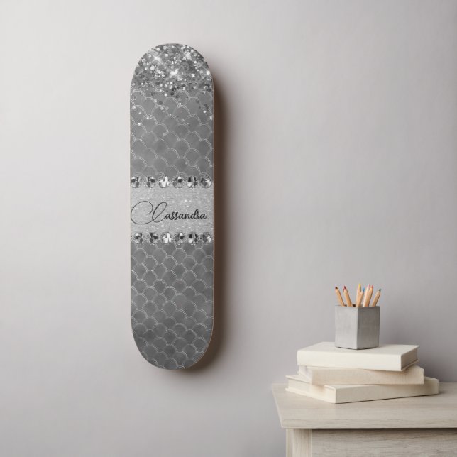 Placa de skate Glam Silver Gliter Diamond Bling (Arte de parede)