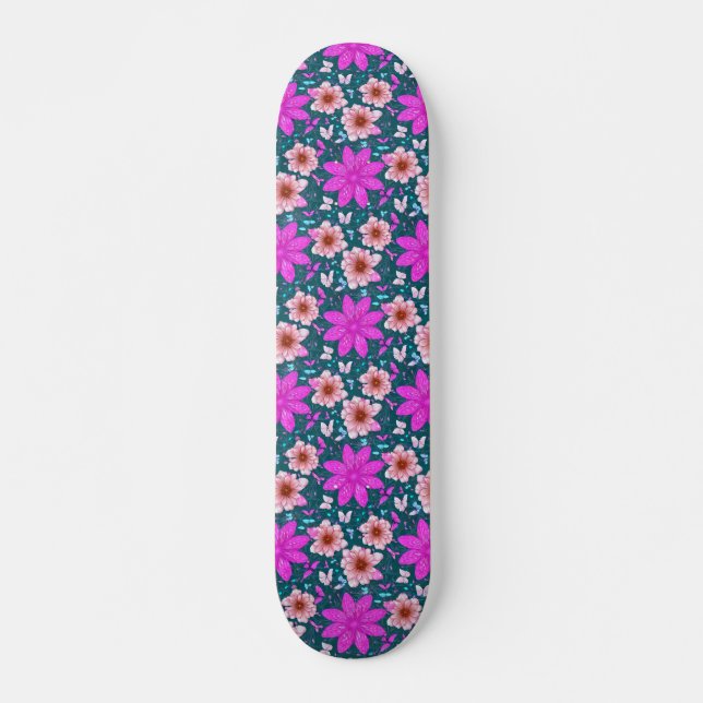 Placa de Skateboard com Padrão Floral Rosa Retroat (Frente)