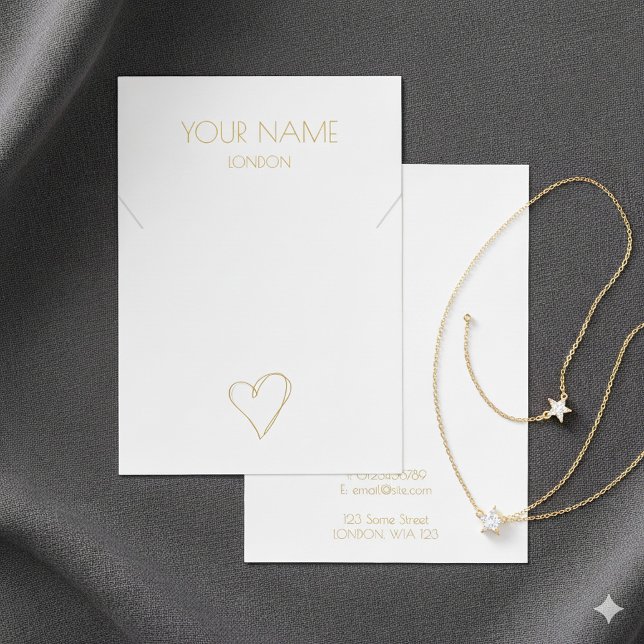 Placa de visualização do colar de coração branco d (White gold heart necklace bracelet display card with contact details.)