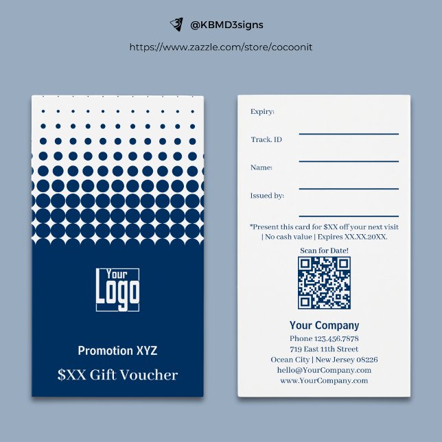 Placa de Voucher de Presente do Promocional Branco (Elegant Blue White Promotional Gift Voucher Card, Logo, Track.ID., QR code, Terms)