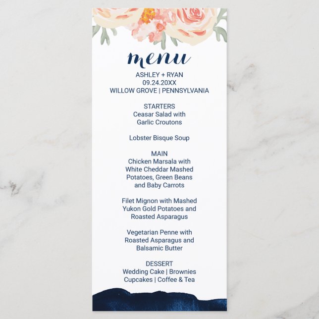 Placa do menu Floral Peach e Marinho Watercolor Ja (Frente)