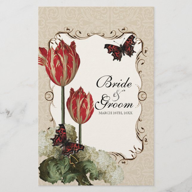 Placa do menu janto - Tan n Cream Red Tulip Damask (Frente)