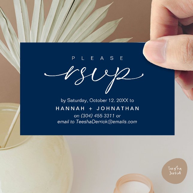 Placa Lembrete RSVP de Convites de casamento Român (Modern Romantic Wedding Invitation Invites RSVP Reminder Card Navy Blue)