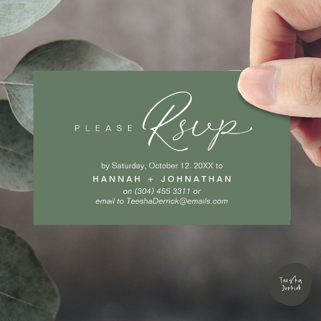 Placa Lembrete RSVP de Convites de casamento Român (Modern Romantic Wedding Invitation Invites RSVP Reminder Card Sage Green)
