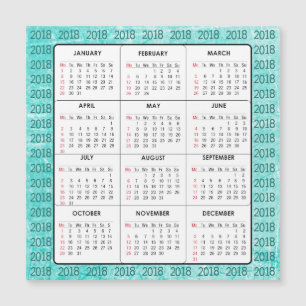 Placa Magnética Quadrada de Calendário Teal 2018