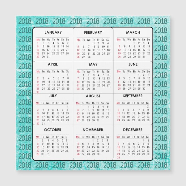 Placa Magnética Quadrada de Calendário Teal 2018 (Frente)