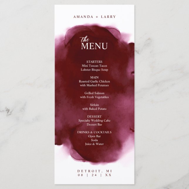 Placa Mínima e Elegante de Menu de Aquarela Maroon (Frente)