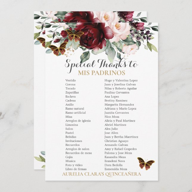 Placa Padrinos Floral QUINCEAÑERA Burgundy Blush (Frente/Verso)