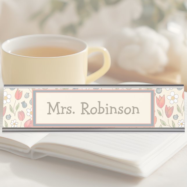 Placa Personalizada de Nome de Mesa de Professor F (Whimsical Floral Teacher Name Plate for Desk)