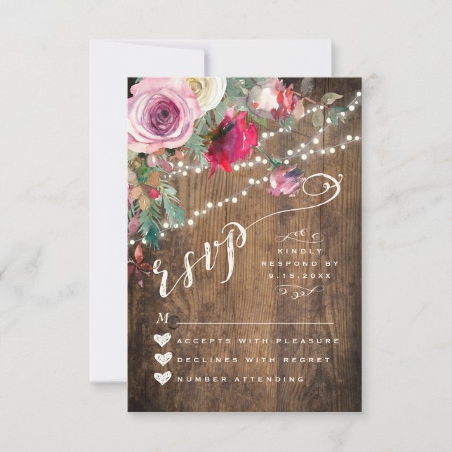 PLACA RSVP | Casamento de Luzes Florais Rustic Str (Frente)