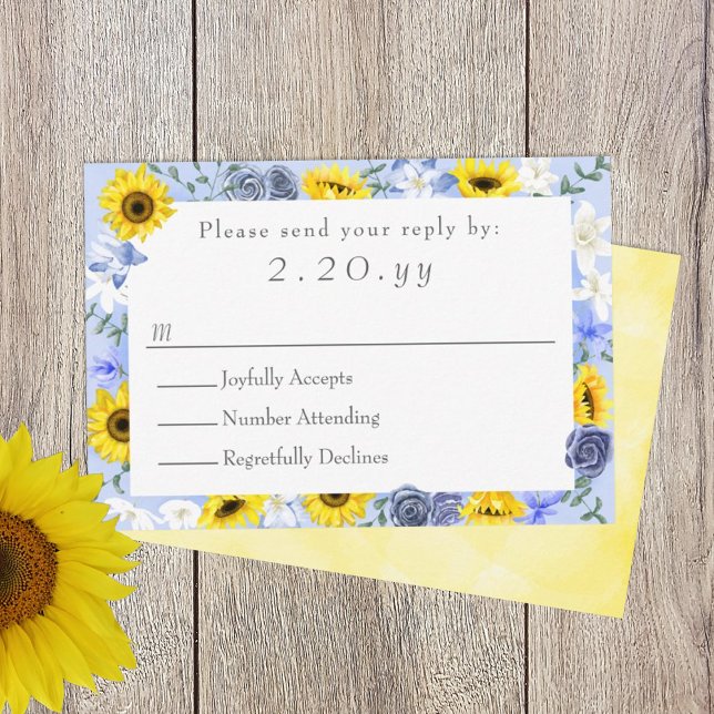 Placa RSVP de Casamento Azul, Amarelo, Dusty (sunflowers and dusty blue roses wedding rsvp card, response reply card, yellow blue wedding theme)