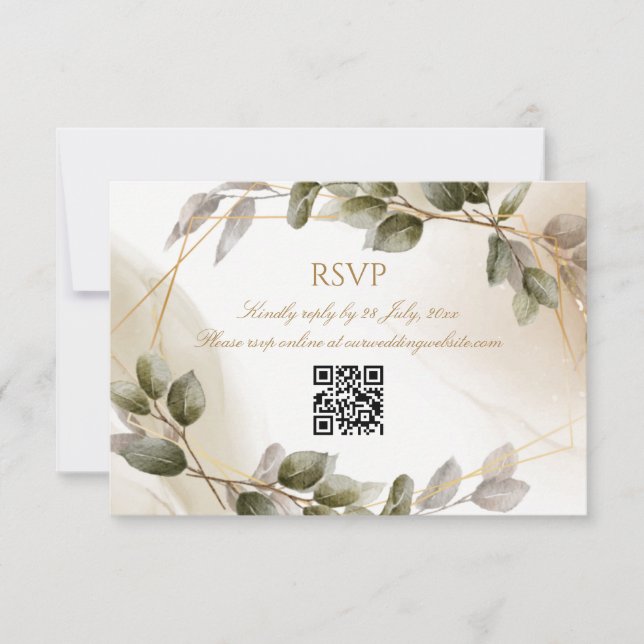 Placa RSVP de Casamento com Folhagem Dourada Faux  (Frente)