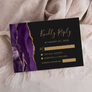 Placa RSVP de Casamento Dark Dourado Agate Roxo Mo