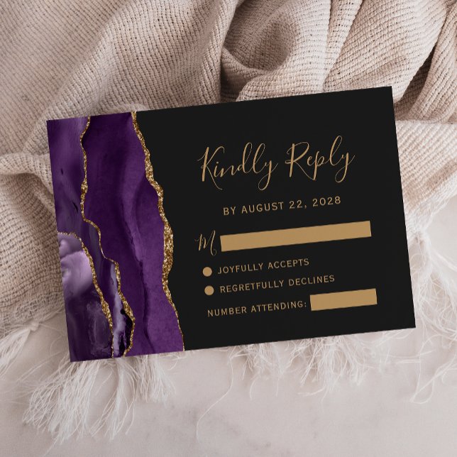 Placa RSVP de Casamento Dark Dourado Agate Roxo Mo (Criador carregado)
