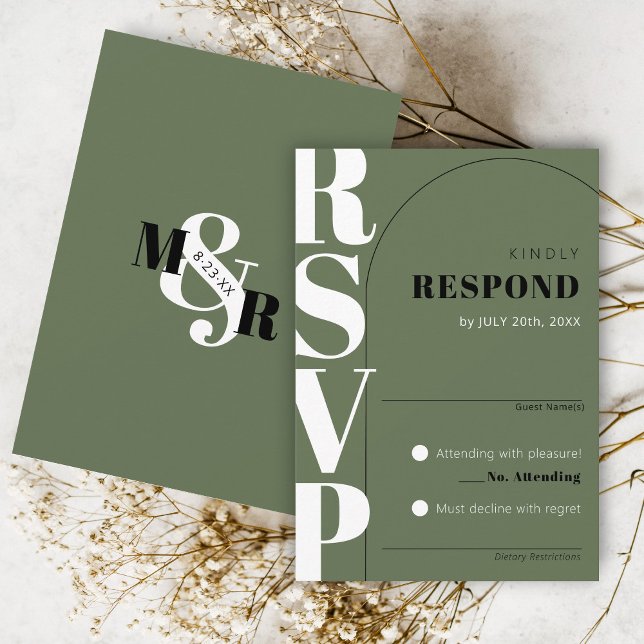 Placa RSVP de Casamento de Ampersand Verde Moderno (Classy arch matching olive green modern wedding invitation RSVP card ampersand monogram black white)