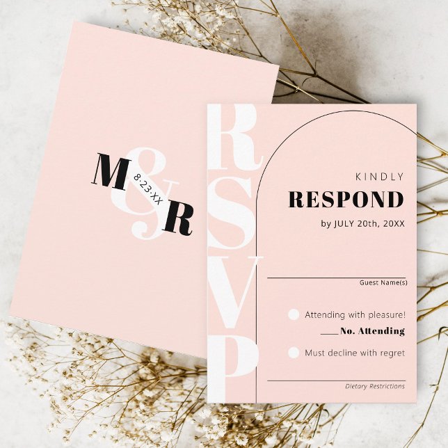 Placa RSVP de Casamento de Arch de Ampersand Rosa  (Classy arch matching pink modern wedding invitation RSVP card, ampersand monogram black and white)
