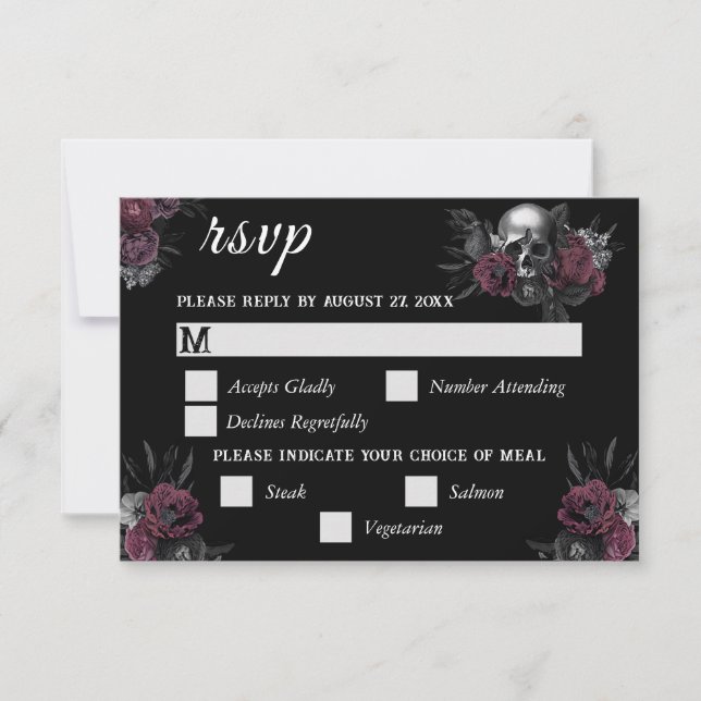 Placa RSVP de Casamento de Caveira Floral Burgundy (Frente)