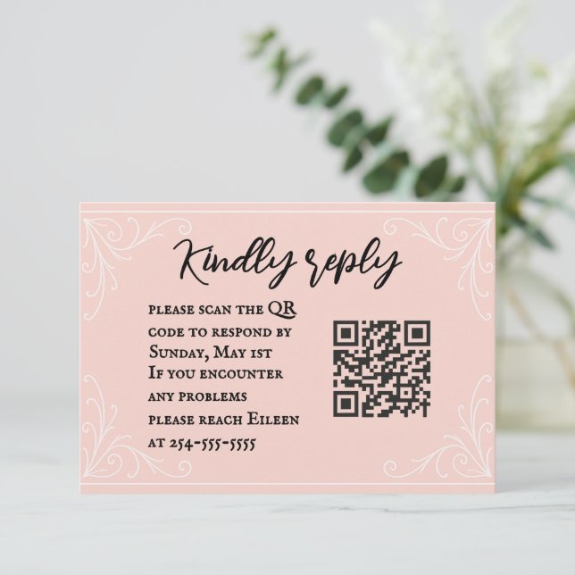 Placa RSVP de Casamento de Código QR de Blush Sati (Em pé/Frente)