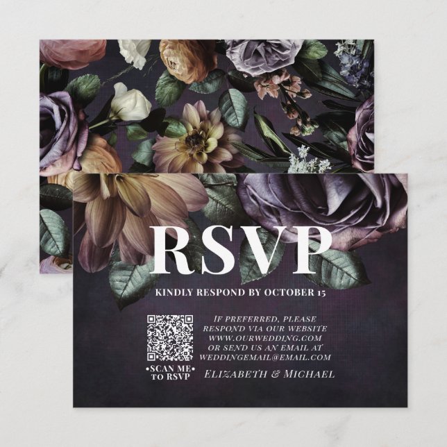 Placa RSVP de Casamento de Código QR Floral Roxo-P (Frente/Verso)