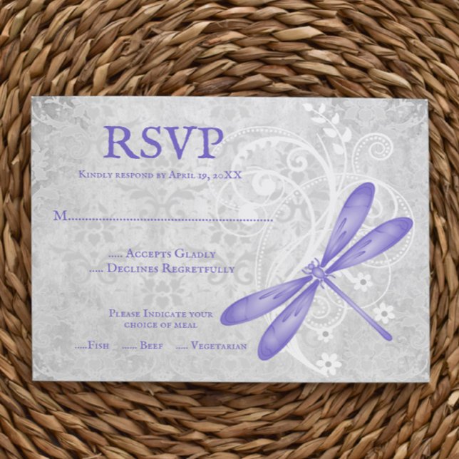 Placa RSVP de Casamento de Dragonfly Roxo (Purple Dragonfly Wedding RSVP Card)
