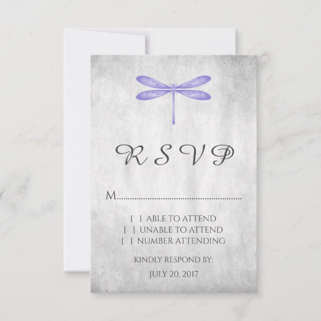 Placa RSVP de Casamento de Dragonfly Roxo (Frente)