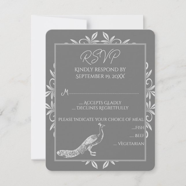 Placa RSVP de Casamento de Farinha de Peacock cinz (Frente)