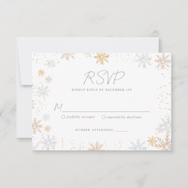 Placa RSVP de Casamento de Flocos de Neve Dourados (Frente)