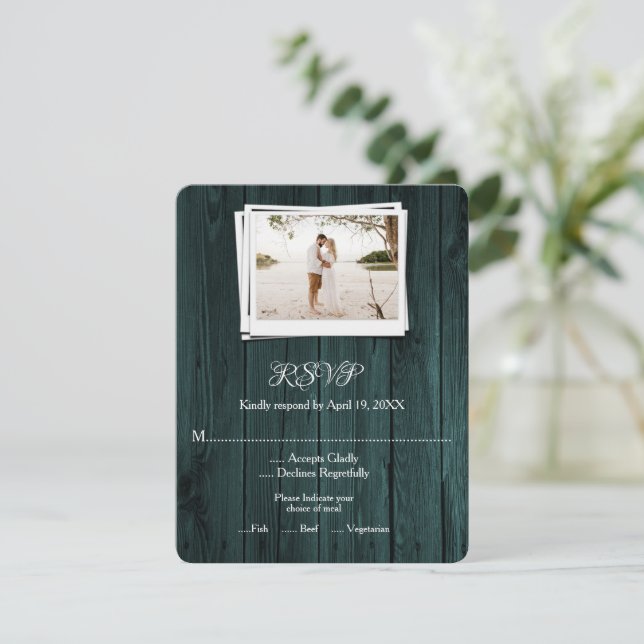 Placa RSVP de Casamento de Foto de Teal Wooden (Em pé/Frente)