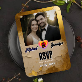Placa RSVP de Casamento de Fotografias Dourada Mod