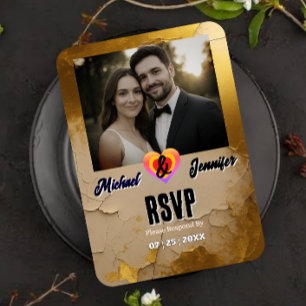 Placa RSVP de Casamento de Fotografias Dourada Mod
