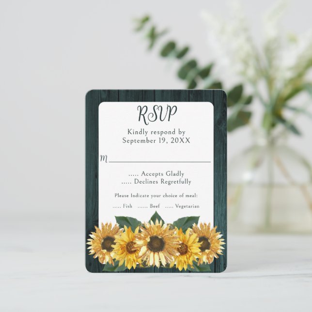 Placa RSVP de Casamento de Girassol de Teal Rustic (Em pé/Frente)