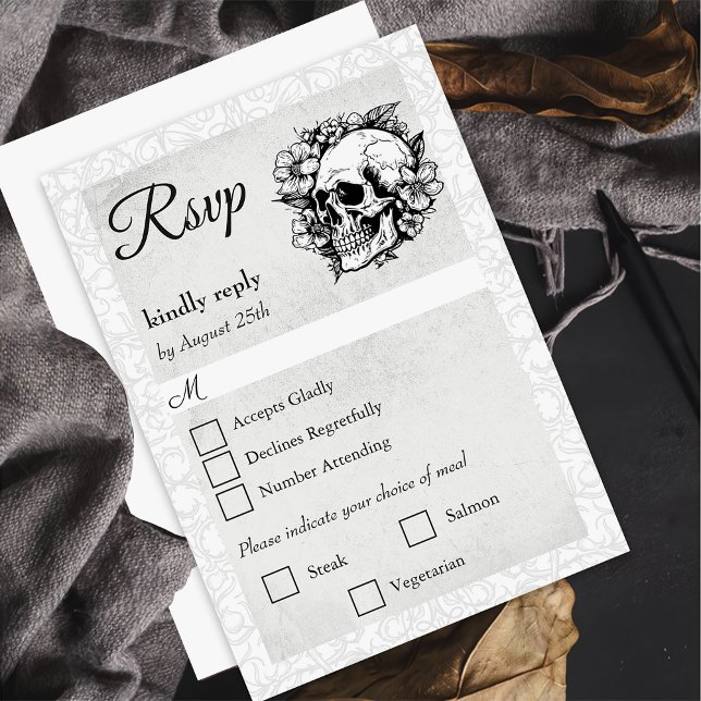 Placa RSVP de Casamento de Halloween com Caveira F (Criador carregado)