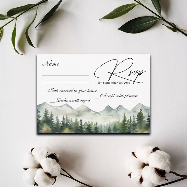 Placa RSVP de Casamento de Montanhas e Pines (Criador carregado)