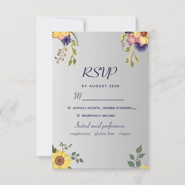 Placa RSVP de Casamento de Prata Floral Roxo (Frente)