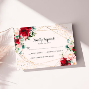 Placa RSVP de Casamento de rosa vermelha e Dourada