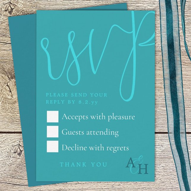 Placa RSVP de Casamento de Script de Caligrafia Te (teal green wedding rsvp enclosure card with elegant script calligraphy, return response card)