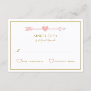 Placa RSVP de Casamento de Setas/Blush e Dourado