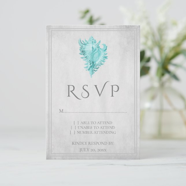 Placa RSVP de Casamento de Shell Teal Conch (Em pé/Frente)