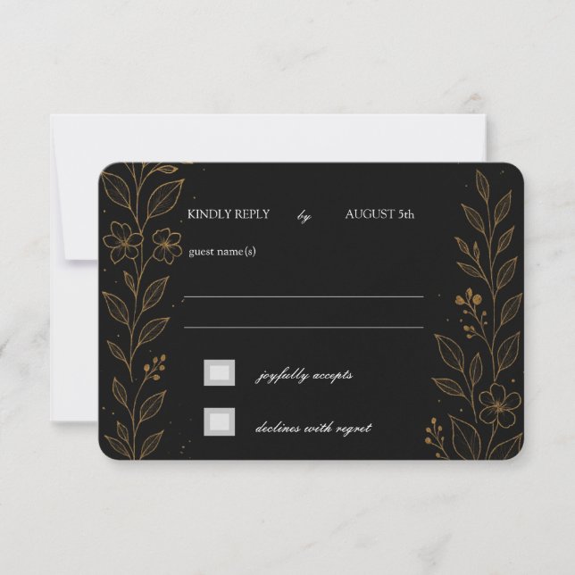 Placa RSVP de Casamento Dourado e Preto (Frente)
