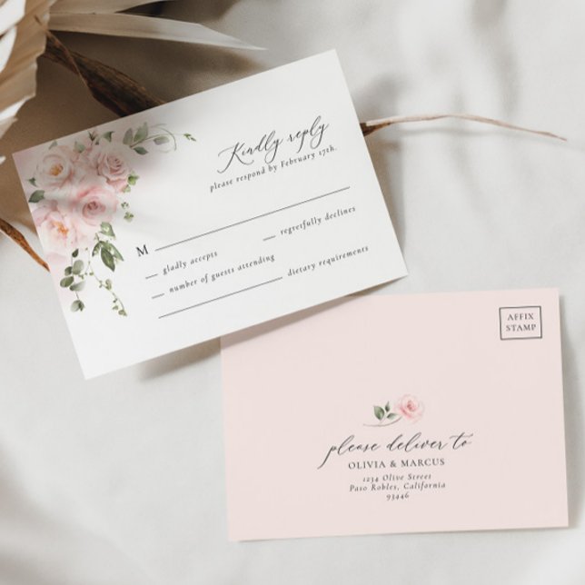 Placa RSVP de Casamento Elegante Floral Rosa Rosa  (RSVP Card Front/Back)