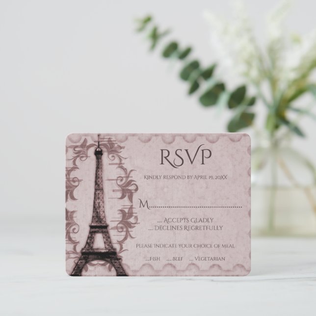 Placa RSVP de Casamento em Torre Eiffel Rosa (Em pé/Frente)