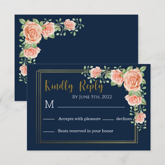 Placa RSVP de Casamento Floral de Blush Dourado Az (Frente/Verso)