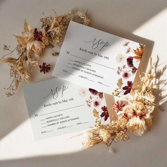 Placa RSVP de Casamento Floral de Boho de Folha Bu (Burgundy Floral Fall Wedding RSVP Cards)